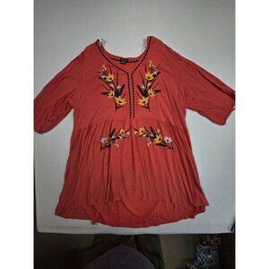 City Chic XXL 24 Coral Flowy Boho Dress With Floral Embroidery 3/4 Sleeves